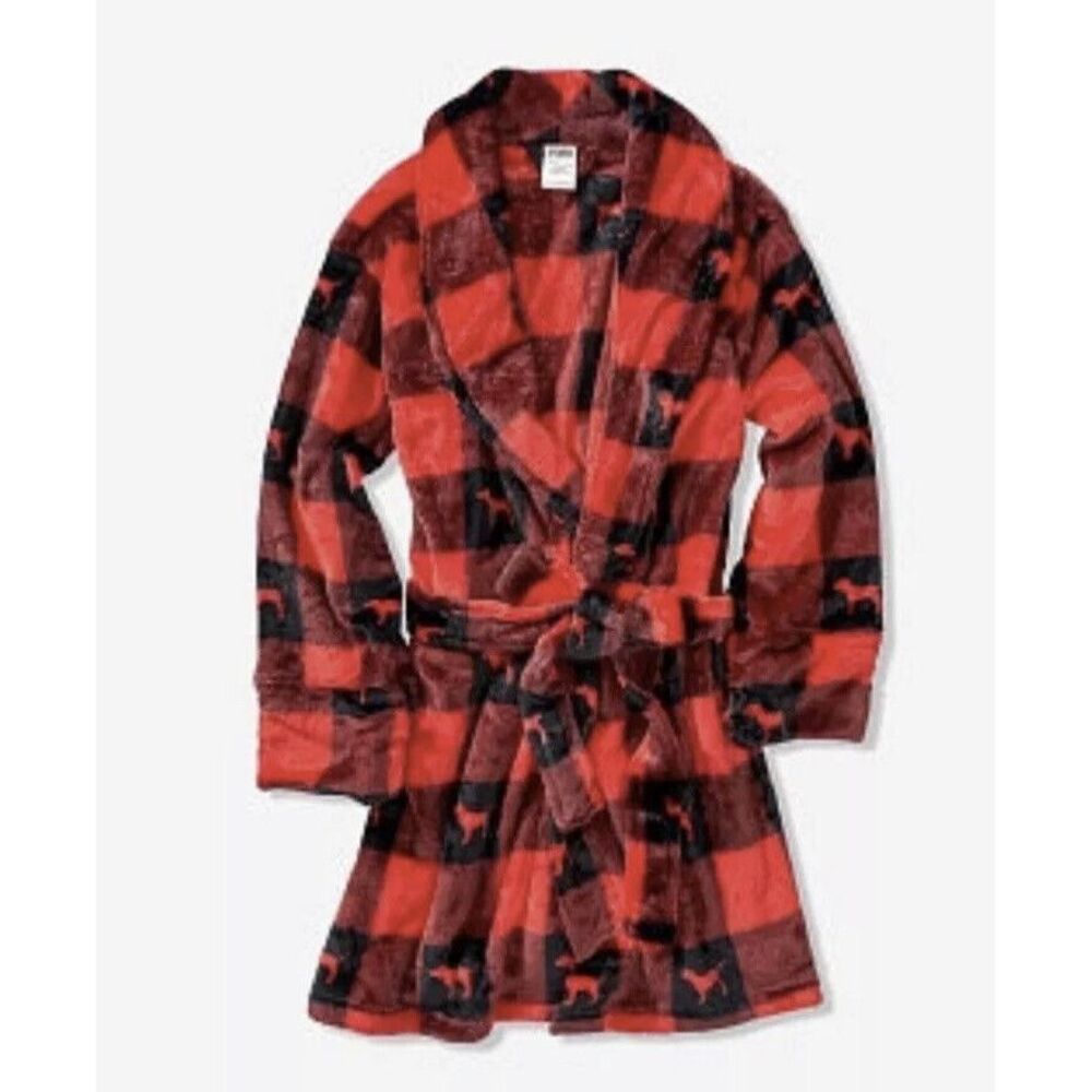 Victorias Secret Pink Short Cozy Plush Wrap Robe XS/S Red Black Checkered Dog